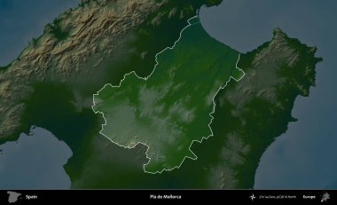 Pla de Mallorca. İspanya 'nın idari alanı koyu renkli bir yükseklik haritasına vurgulanmış ve özetlenmiştir