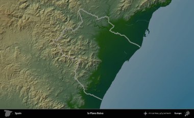 la Plana Baixa. İspanya 'nın idari bölgesi renkli bir yükseklik haritasında özetlenmiştir