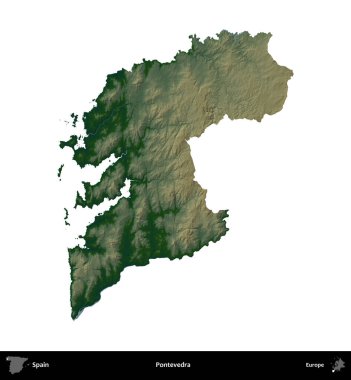 Pontevedra. İspanya 'nın idari bölgesi renkli bir yükseklik haritasında beyaza izole edilmiş
