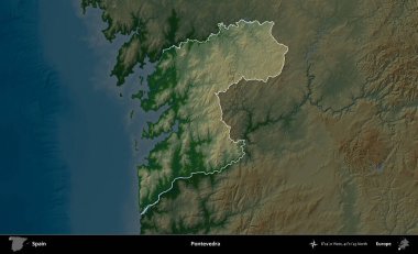 Pontevedra. İspanya 'nın idari alanı koyu renkli bir yükseklik haritasına vurgulanmış ve özetlenmiştir
