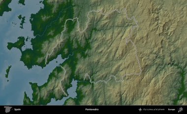 Pontevedra. İspanya 'nın idari bölgesi renkli bir yükseklik haritasında özetlenmiştir
