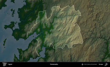 Pontevedra. İspanya 'nın idari alanı koyu renkli bir yükseklik haritasına vurgulanmış ve özetlenmiştir