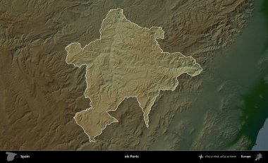 İskeleler. İspanya 'nın idari alanı koyu renkli bir yükseklik haritasına vurgulanmış ve özetlenmiştir