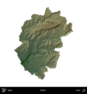 Priorat. İspanya 'nın idari bölgesi renkli bir yükseklik haritasında beyaza izole edilmiş