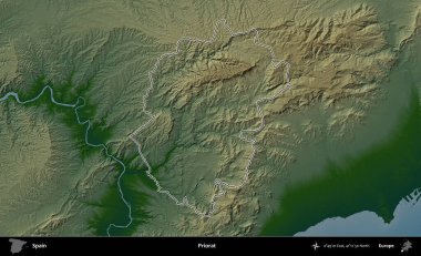 Priorat. İspanya 'nın idari bölgesi renkli bir yükseklik haritasında özetlenmiştir
