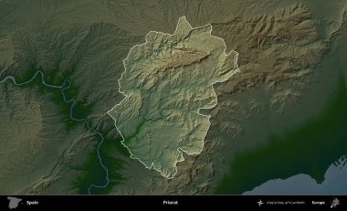 Priorat. İspanya 'nın idari alanı koyu renkli bir yükseklik haritasına vurgulanmış ve özetlenmiştir