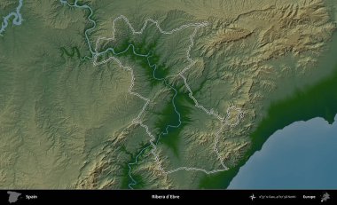 Ribera d'Ebre. İspanya 'nın idari bölgesi renkli bir yükseklik haritasında özetlenmiştir