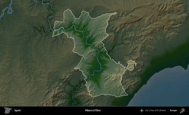 Ribera d'Ebre. İspanya 'nın idari alanı koyu renkli bir yükseklik haritasına vurgulanmış ve özetlenmiştir