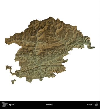 Ripolles. İspanya 'nın idari bölgesi renkli bir yükseklik haritasında beyaza izole edilmiş