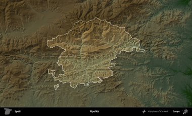 Ripolles. İspanya 'nın idari alanı koyu renkli bir yükseklik haritasına vurgulanmış ve özetlenmiştir