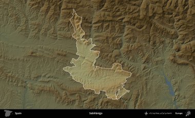 Sabinanigo. İspanya 'nın idari alanı koyu renkli bir yükseklik haritasına vurgulanmış ve özetlenmiştir