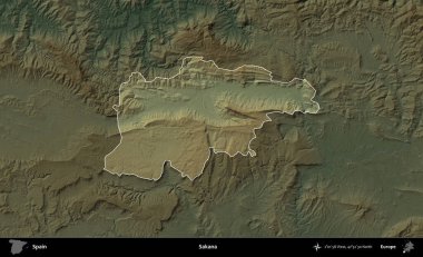 Sakana. İspanya 'nın idari alanı koyu renkli bir yükseklik haritasına vurgulanmış ve özetlenmiştir