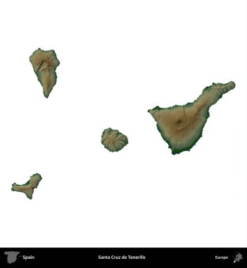 Santa Cruz de Tenerife 'de. İspanya 'nın idari bölgesi renkli bir yükseklik haritasında beyaza izole edilmiş