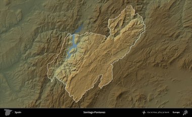 Santiago-Pontones. İspanya 'nın idari alanı koyu renkli bir yükseklik haritasına vurgulanmış ve özetlenmiştir