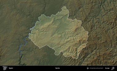Sarria. İspanya 'nın idari alanı koyu renkli bir yükseklik haritasına vurgulanmış ve özetlenmiştir