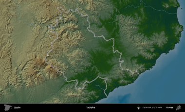 la Selva. İspanya 'nın idari bölgesi renkli bir yükseklik haritasında özetlenmiştir
