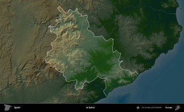 la Selva. İspanya 'nın idari alanı koyu renkli bir yükseklik haritasına vurgulanmış ve özetlenmiştir