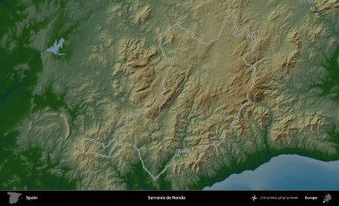Serrania de Ronda. İspanya 'nın idari bölgesi renkli bir yükseklik haritasında özetlenmiştir