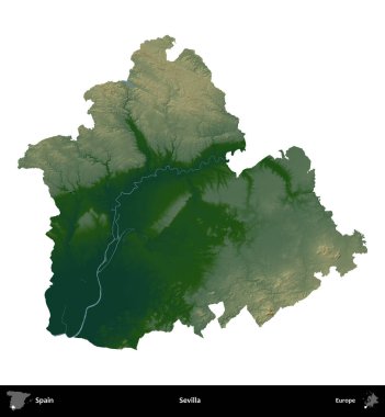 Sevilla. İspanya 'nın idari bölgesi renkli bir yükseklik haritasında beyaza izole edilmiş