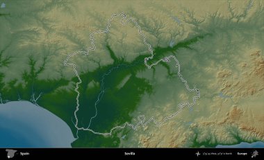 Sevilla. İspanya 'nın idari bölgesi renkli bir yükseklik haritasında özetlenmiştir