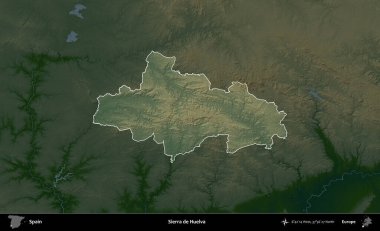 Sierra de Huelva. İspanya 'nın idari alanı koyu renkli bir yükseklik haritasına vurgulanmış ve özetlenmiştir