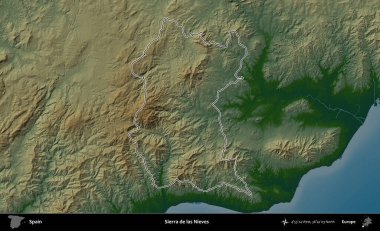 Sierra de las Nieves. İspanya 'nın idari bölgesi renkli bir yükseklik haritasında özetlenmiştir