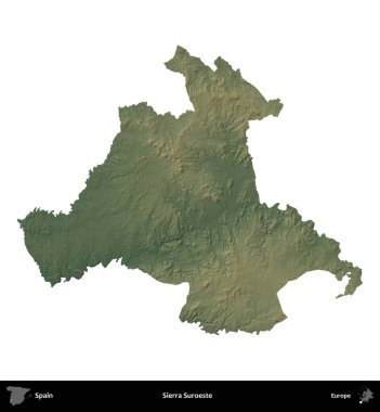 Sierra Suroeste. İspanya 'nın idari bölgesi renkli bir yükseklik haritasında beyaza izole edilmiş