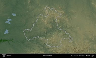 Sierra Suroeste. İspanya 'nın idari bölgesi renkli bir yükseklik haritasında özetlenmiştir