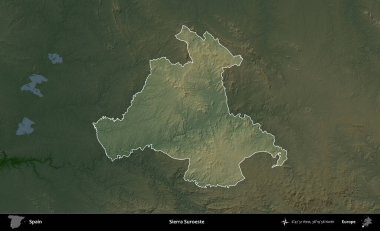 Sierra Suroeste. İspanya 'nın idari alanı koyu renkli bir yükseklik haritasına vurgulanmış ve özetlenmiştir
