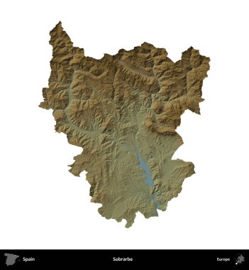 Sobrarbe. İspanya 'nın idari bölgesi renkli bir yükseklik haritasında beyaza izole edilmiş