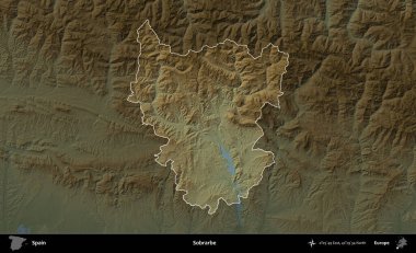 Sobrarbe. İspanya 'nın idari alanı koyu renkli bir yükseklik haritasına vurgulanmış ve özetlenmiştir