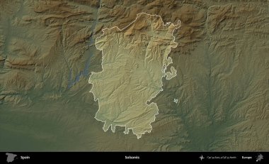 Solone 'lar. İspanya 'nın idari alanı koyu renkli bir yükseklik haritasına vurgulanmış ve özetlenmiştir