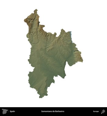 Somontano de Barbastro. İspanya 'nın idari bölgesi renkli bir yükseklik haritasında beyaza izole edilmiş