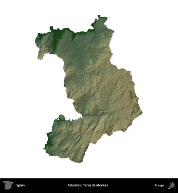 Tabeiros - Terra de Montes. İspanya 'nın idari bölgesi renkli bir yükseklik haritasında beyaza izole edilmiş