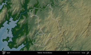 Tabeiros - Terra de Montes. İspanya 'nın idari bölgesi renkli bir yükseklik haritasında özetlenmiştir