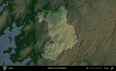 Tabeiros - Terra de Montes. İspanya 'nın idari alanı koyu renkli bir yükseklik haritasına vurgulanmış ve özetlenmiştir