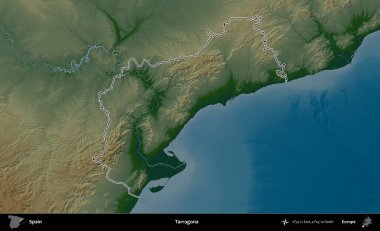 Tarragona. İspanya 'nın idari bölgesi renkli bir yükseklik haritasında özetlenmiştir