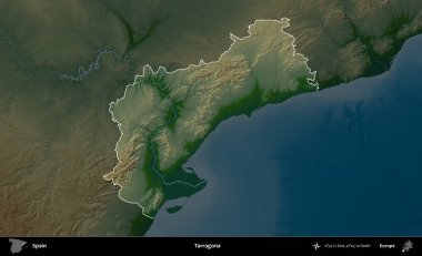 Tarragona. İspanya 'nın idari alanı koyu renkli bir yükseklik haritasına vurgulanmış ve özetlenmiştir