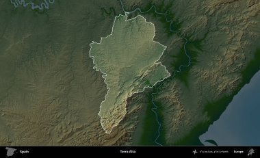 Terra Alta. İspanya 'nın idari alanı koyu renkli bir yükseklik haritasına vurgulanmış ve özetlenmiştir