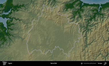 Terra Cha. İspanya 'nın idari bölgesi renkli bir yükseklik haritasında özetlenmiştir