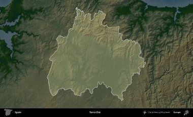 Terra Cha. İspanya 'nın idari alanı koyu renkli bir yükseklik haritasına vurgulanmış ve özetlenmiştir