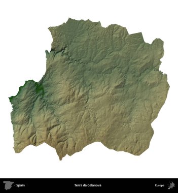 Terra da Celanova. İspanya 'nın idari bölgesi renkli bir yükseklik haritasında beyaza izole edilmiş