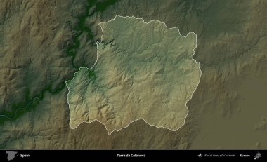 Terra da Celanova. İspanya 'nın idari alanı koyu renkli bir yükseklik haritasına vurgulanmış ve özetlenmiştir