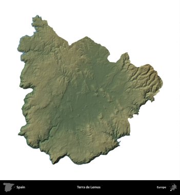 Terra de Lemos. İspanya 'nın idari bölgesi renkli bir yükseklik haritasında beyaza izole edilmiş