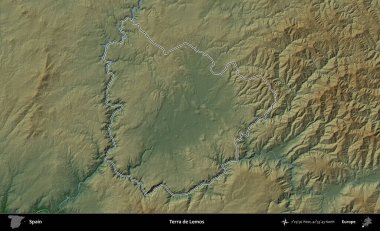 Terra de Lemos. İspanya 'nın idari bölgesi renkli bir yükseklik haritasında özetlenmiştir