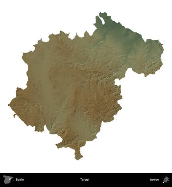 Teruel. İspanya 'nın idari bölgesi renkli bir yükseklik haritasında beyaza izole edilmiş