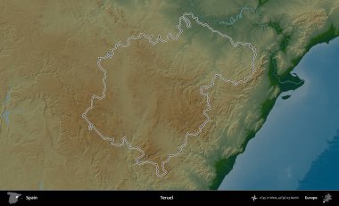 Teruel. İspanya 'nın idari bölgesi renkli bir yükseklik haritasında özetlenmiştir
