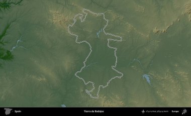 Tierra de Badajoz. İspanya 'nın idari bölgesi renkli bir yükseklik haritasında özetlenmiştir