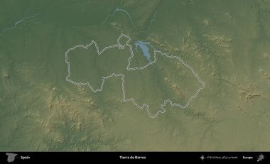 Tierra de Barros. İspanya 'nın idari bölgesi renkli bir yükseklik haritasında özetlenmiştir