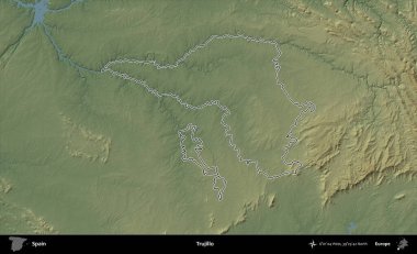 Trujillo. İspanya 'nın idari bölgesi renkli bir yükseklik haritasında özetlenmiştir